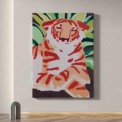 Stylish Abstract Painting With Tiger And Green Leaves On Wall Canvas Art 3d model