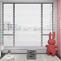 White Window Blinds In Living Room With City View And Red Rabbit Decor