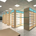 Modern Dispensary Interior With Glass Windows Counter And Medicine Shelves
