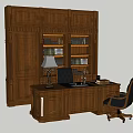 Wooden Office Desk With Table Lamp And Black Leather Chair Near Large Bookshelf