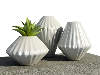 Modern White Ribbed Ceramic Vases With Green Plant On Gray Surface 3d model