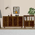 Modern Wooden Dressers With Vertical Slat Doors Books Potted Plants And Decorative Painting