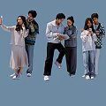 Multiple People in Diverse Poses Hugging Holding Hands and Using Phones on Light Blue Background