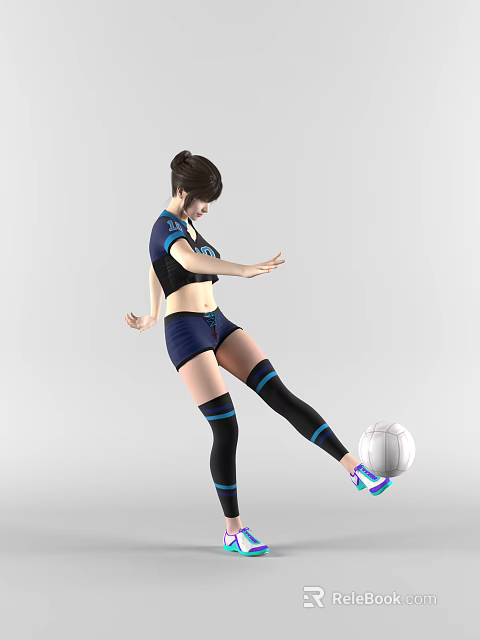 A Woman Kicking Soccer Ball Wearing Blue Sports Outfit And Knee Sleeves 3d model 