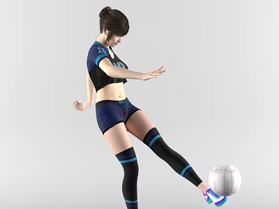 A Woman Kicking Soccer Ball Wearing Blue Sports Outfit And Knee Sleeves 3d model