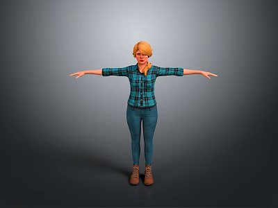 Blonde Woman In Plaid Shirt Blue Jeans Brown Boots With Arms Outstretched Against Gray Background 3d model