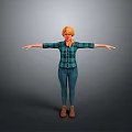 Blonde Woman In Plaid Shirt Blue Jeans Brown Boots With Arms Outstretched Against Gray Background