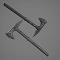 Two Black Axes as Weapons with Metal Heads and Textured Handles