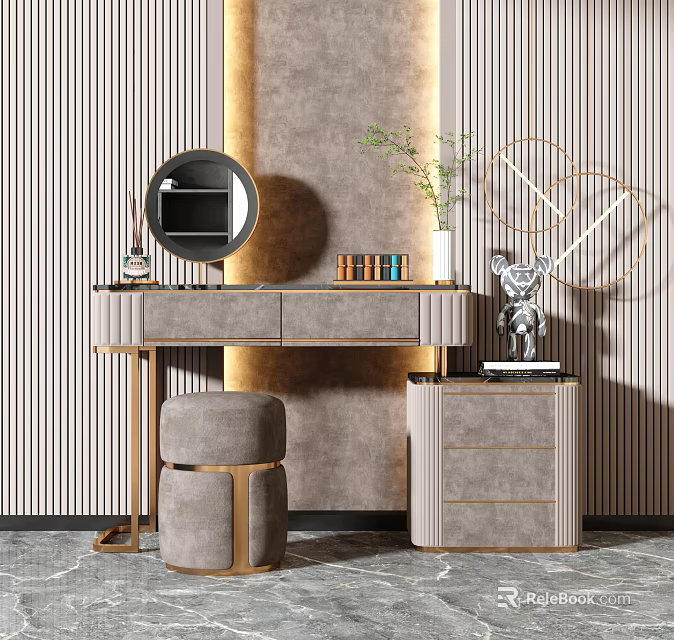 Elegant Dressing Table With Round Mirror Upholstered Stool Striped Wall And Decorative Items 3d model