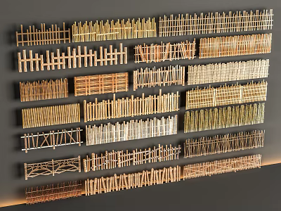 Various Styles of Wooden Fences Neatly Arranged in Rows Against Grey Wall 3d model