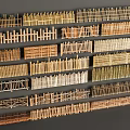 Various Styles of Wooden Fences Neatly Arranged in Rows Against Grey Wall
