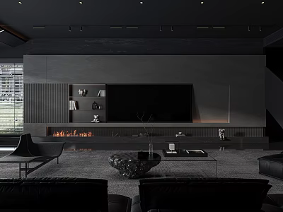 Modern Living Room Interior With TV Wall Fireplace Black Sofa And Coffee Table Rug 3d model