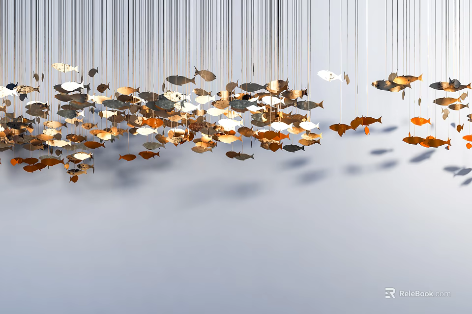 Hanging Fish Shaped Chandelier With Gold Silver Orange Decorations White Background And Shadow Effects 3d model 