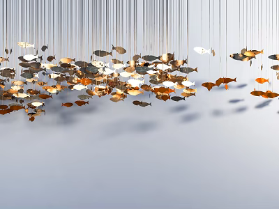 Hanging Fish Shaped Chandelier With Gold Silver Orange Decorations White Background And Shadow Effects 3d model