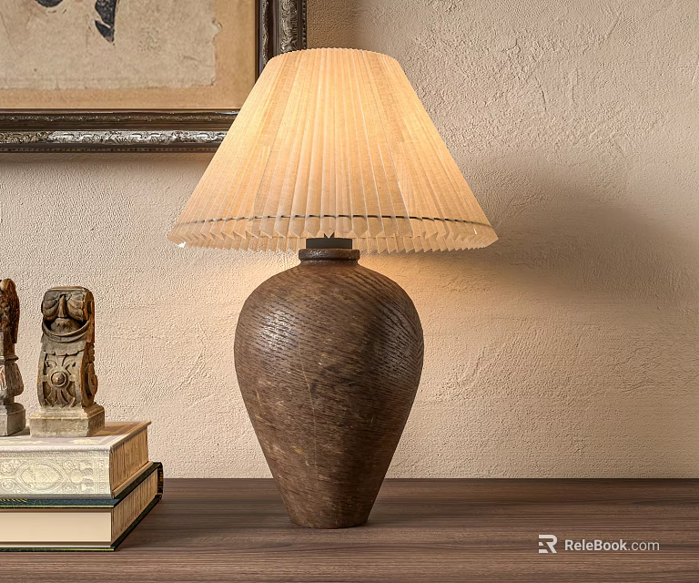 Vase Shaped Table Lamp With Beige Pleated Lampshade And Textured Clay Base On Wooden Table 3d model 