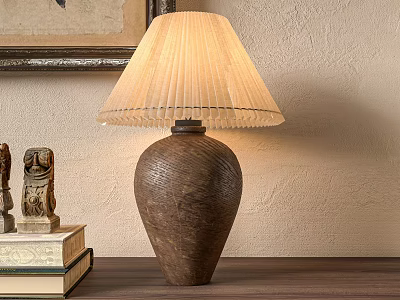 Vase Shaped Table Lamp With Beige Pleated Lampshade And Textured Clay Base On Wooden Table 3d model