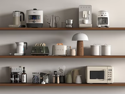 Kitchen Shelf Display With Coffee Maker Kettle Toaster Microwave Lamp And Jars 3d model