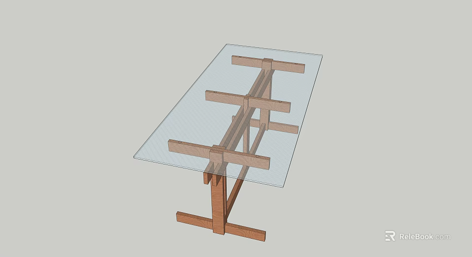 Modern Dining Table With Glass Top And Wooden Cross Support Frame Structure 3d model 