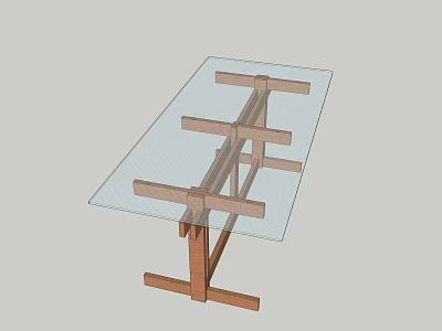 Modern Dining Table With Glass Top And Wooden Cross Support Frame Structure 3d model
