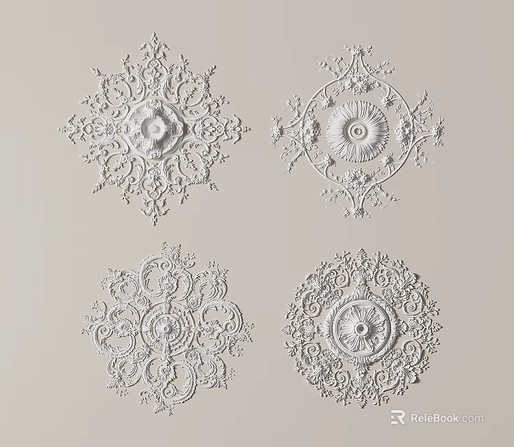 Ornate White Ceiling Medallions Showcasing Intricate Floral Patterns And Detailed Carvings 3d model 