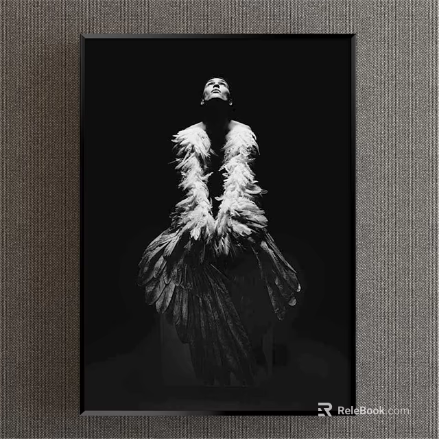 Black and White Portrait Painting with Feather Decorated Attire Head Tilted Back on Dark Background 3d model 