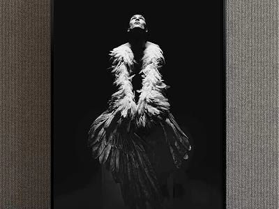 Black and White Portrait Painting with Feather Decorated Attire Head Tilted Back on Dark Background 3d model