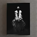 Black and White Portrait Painting with Feather Decorated Attire Head Tilted Back on Dark Background
