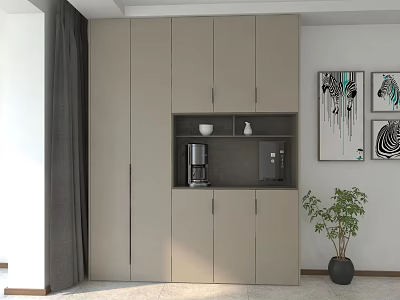 Modern Light Gray Sideboard With Cabinet Doors Open Shelf Coffee Machine Green Plant And Artwork 3d model
