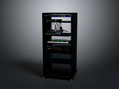 Black Electronic Equipment Rack With Multiple Components Cables And Control Panels 3d model