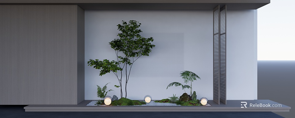 Serene Indoor Landscape With Green Trees Ferns Stones And Decorative Lights 3d model 