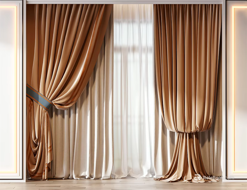Luxurious Golden Curtains With Sheer Lining Tied By Sash For Window Design 3d model 