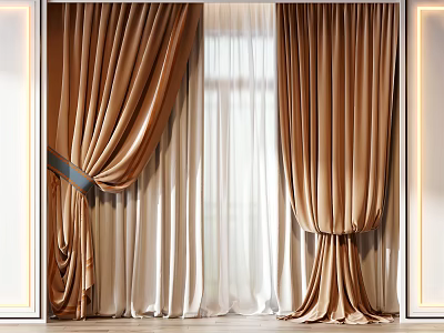 Luxurious Golden Curtains With Sheer Lining Tied By Sash For Window Design 3d model