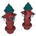 Two Red Fire Hydrants With Green Tops And Graffiti Decorative Features