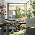 Modern Hotel Public Lounge With Large Windows City View Marble Column Sofas Greenery Water Feature 3d model