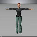 Red Haired Person In Black Top And Green Pants With Arms Outstretched On Gray Background