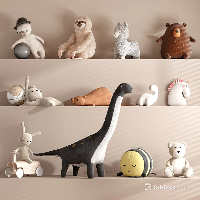 Cute Plush Stuffed Toys Collection With Bear Rabbit Dinosaur Unicorn And Bee On Shelves 3d model 