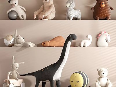 Cute Plush Stuffed Toys Collection With Bear Rabbit Dinosaur Unicorn And Bee On Shelves 3d model