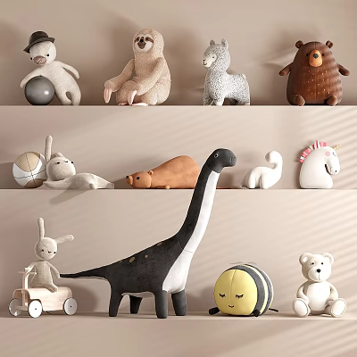 Cute Plush Stuffed Toys Collection With Bear Rabbit Dinosaur Unicorn And Bee On Shelves 3d model