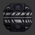 Black Polyhedral Tech Device With Lenses Red Light ANNA Label And Striped Pattern