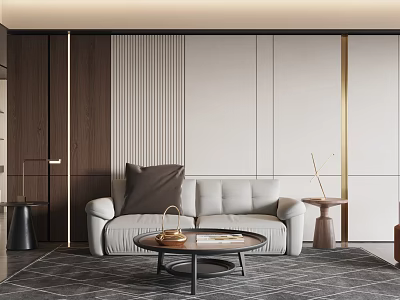 Modern Double Sofa In Living Room With Striped Backdrop Wooden Accents And Metal Coffee Table 3d model