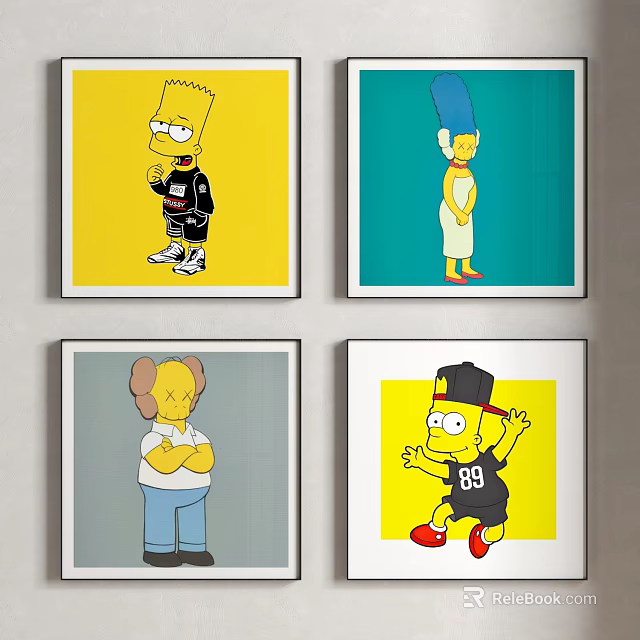 Framed Simpsons Characters Artworks With Colorful Backgrounds And Stylish Outfits 3d model 