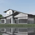 Modern Guesthouse Building with Sloped Roof Large Glass Windows and Green Surroundings