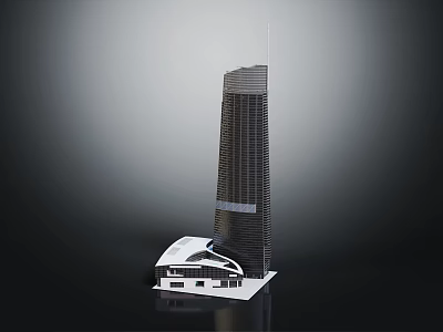 Black Skyscraper Architecture With Adjacent White Low Rise Building Featuring Curved Roof Design 3d model