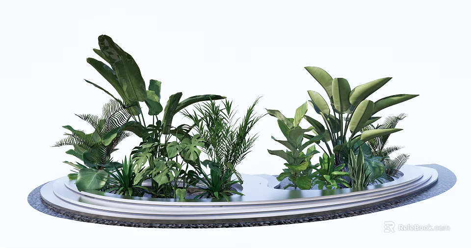 Assorted Lush Green Plants Arrangement On Circular Platform With Tropical Leaves 3d model 