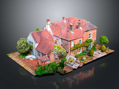Detailed Miniature Red Brick House Model With Red Roof Chimneys And Garden Plants 3d model