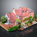 Detailed Miniature Red Brick House Model With Red Roof Chimneys And Garden Plants