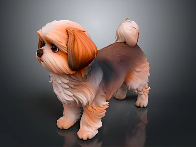 Fluffy Brown And White Shih Tzu Puppy Standing On Shiny Dark Floor 3d model
