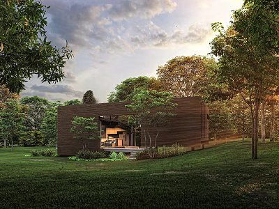 Modern Detached House With Wooden Exterior Surrounded by Lush Trees and Green Grass 3d model