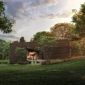 Modern Detached House With Wooden Exterior Surrounded by Lush Trees and Green Grass