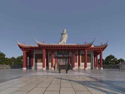 Ancient Chinese Architecture With Traditional Curved Eaves Red Pillars And Front Statue In Stone Courtyard 3d model